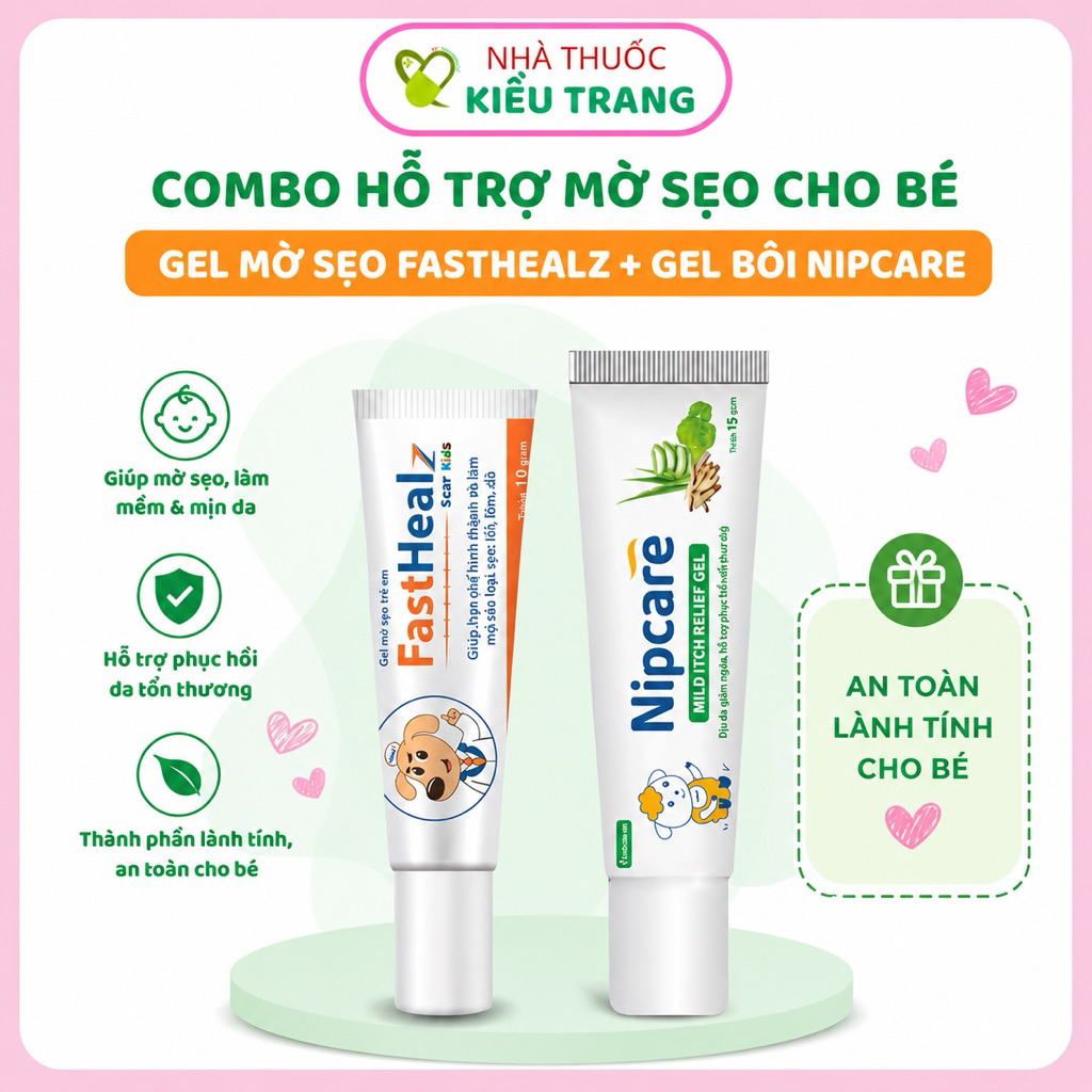 Nipcare Combo Hỗ Trợ Mờ Sẹo Cho Bé - Gel Nipcare Novocare 15g Giảm Ngứa & Gel Fasthealz Scar Kid 12g
