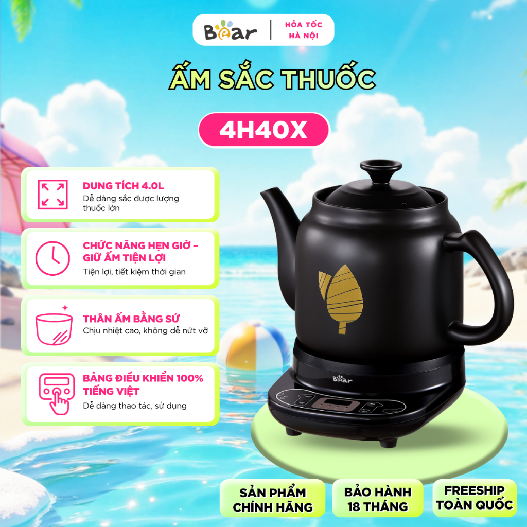 [HN-Hỏa Tốc] Ấm Sắc Thuốc BEAR 4L Bằng Điện Gốm Sứ Chịu Nhiệt Đun Nước Pha Trà HTM-4H40X