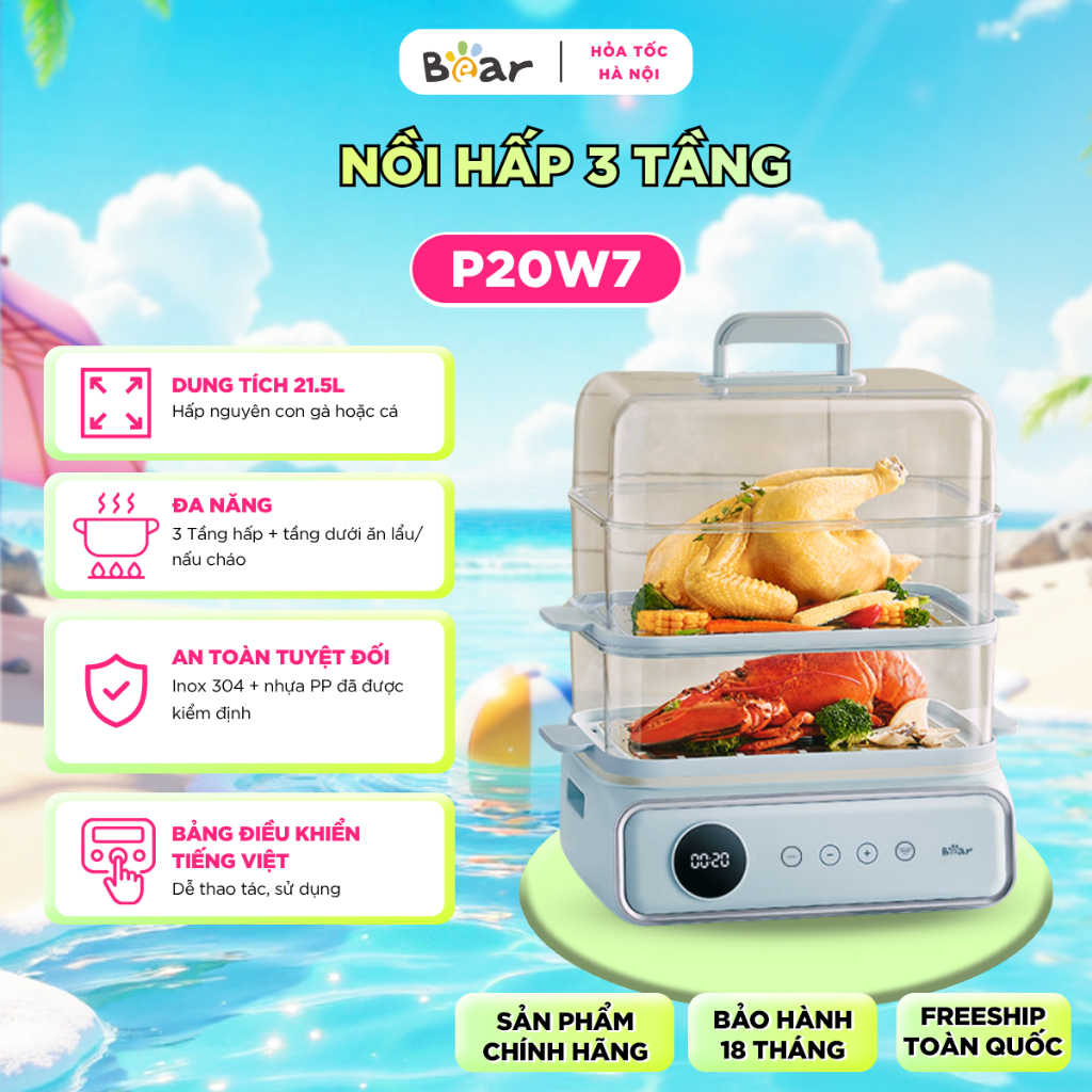 [HN-Hỏa Tốc] Nồi Hấp BEAR 3 Tầng Nồi Hấp Điện Hấp Xôi Hấp Cá Hấp Bánh Bao Đa Năng DZG-P20W7