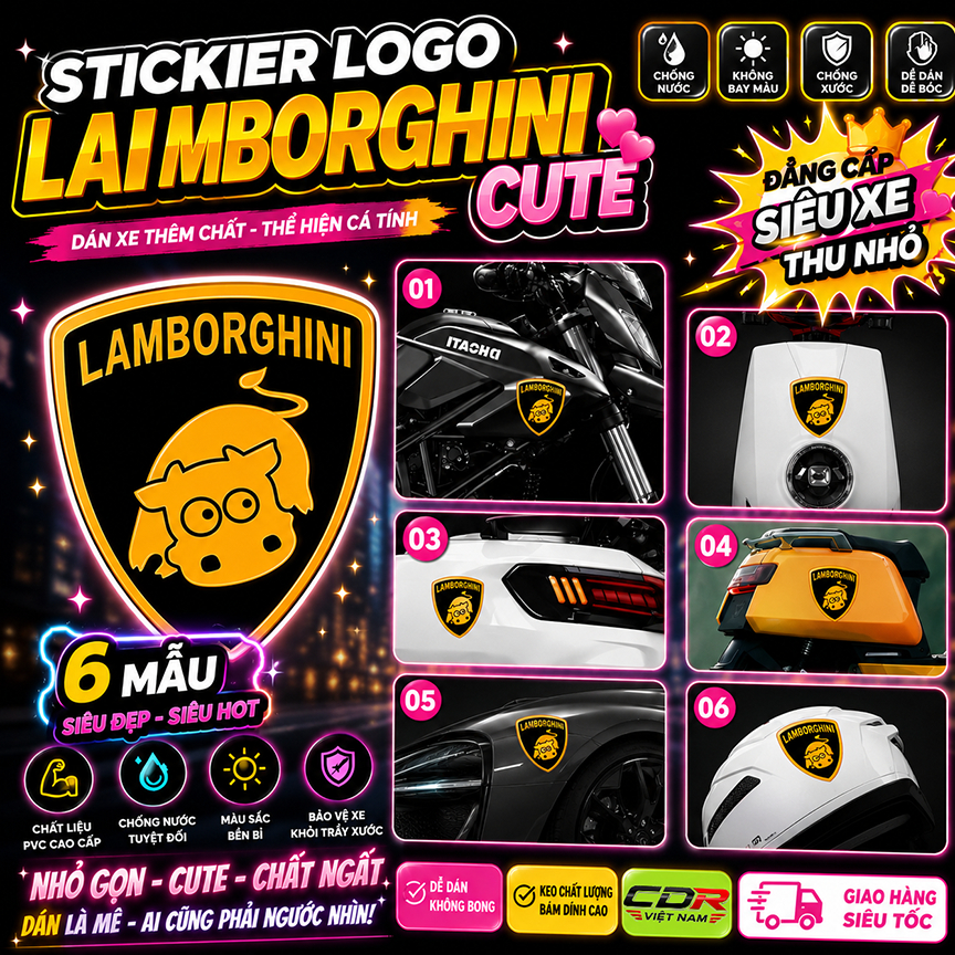 【STICKER LOGO LAMBORGHINI CUTE】Tem Dán Xe Máy Ô Tô Chống Nước, Chống Xước, Không Bay Màu