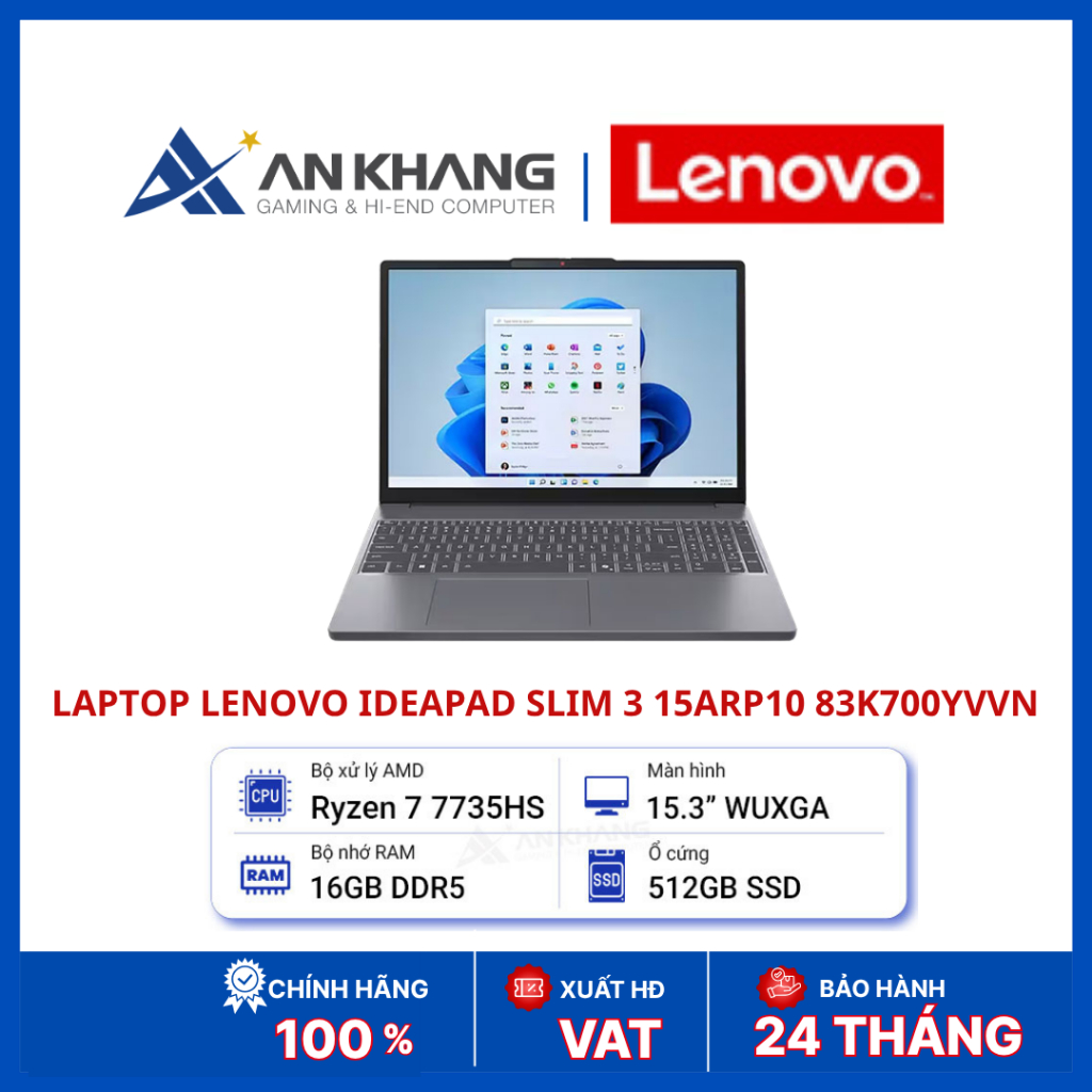 Laptop Lenovo IdeaPad Slim 3 15ARP10 83K700YVVN | Ryzen 7 7735HS | RAM 16GB DDR5 | SSD 512GB | 15.3 