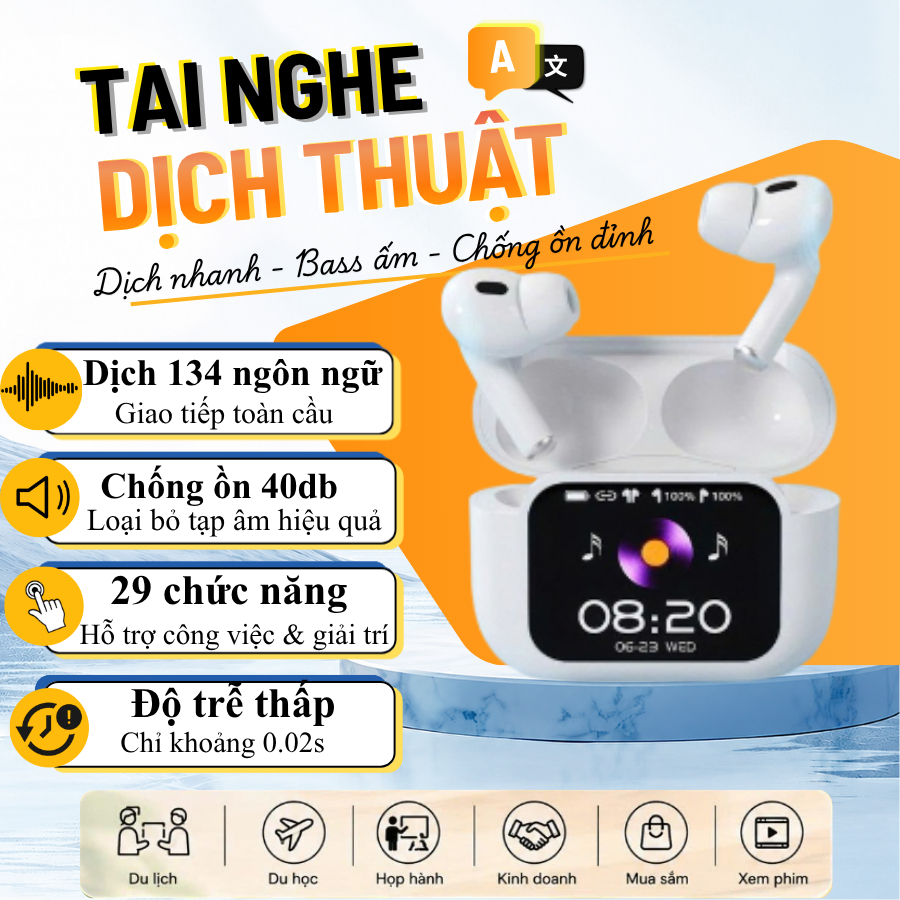 Tai nghe phiên dịch, tai nghe bluetooth A12 PRO ULTRA ( phiên bản mới) dịch 134 ngôn ngữ, 29 chức nă