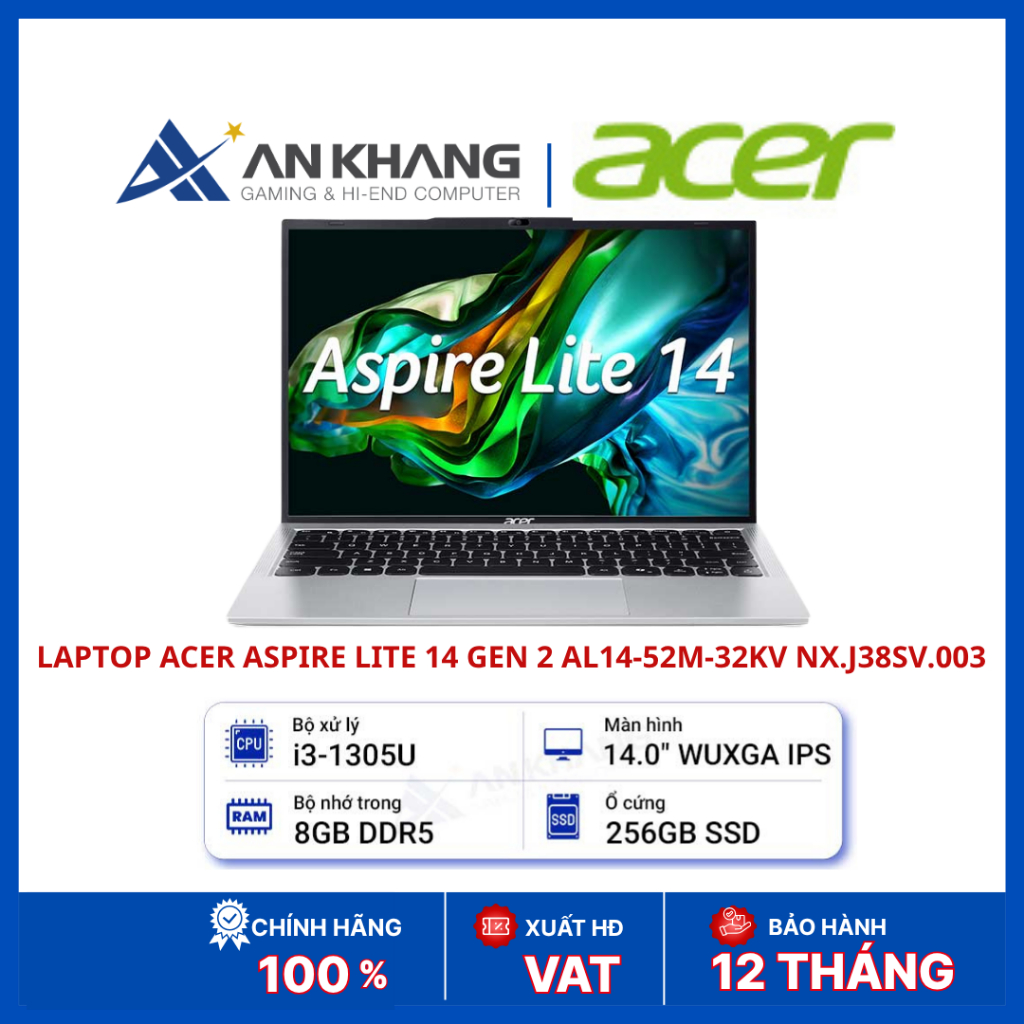 Laptop Acer Aspire Lite 14 Gen 2 AL14-52M-32KV NX.J38SV.003 | Core i3-1305U | RAM 8GB | SSD 256GB | 