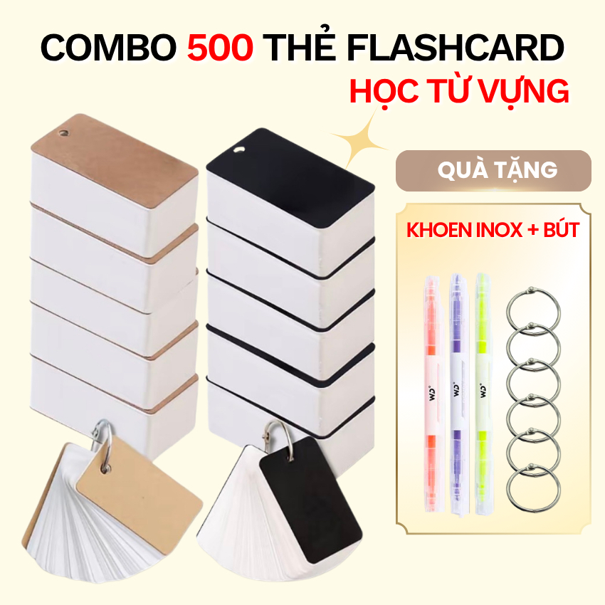 Combo 500 thẻ flashcard 4x7cm tặng kèm khoen thẻ học từ vựng tiếng anh tiếng trung tiếng hàn