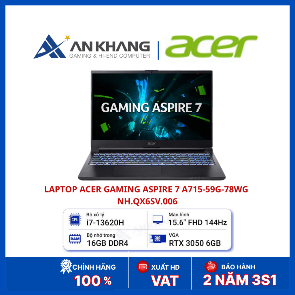 Laptop Gaming Acer Aspire 7 A715-59G-78WG NH.QX6SV.006 | Core i7-13620H | RTX 3050 | RAM 16GB | SSD 