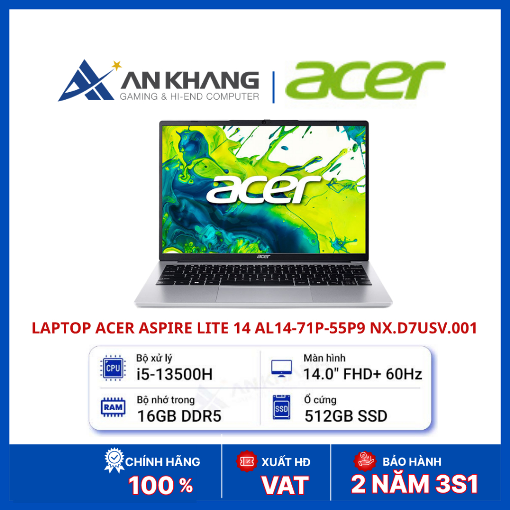 Laptop Acer Aspire Lite 14 AL14-71P-55P9 NX.D7USV.001 | Core i5-13500H | RAM 16GB | SSD 512GB | 14 I