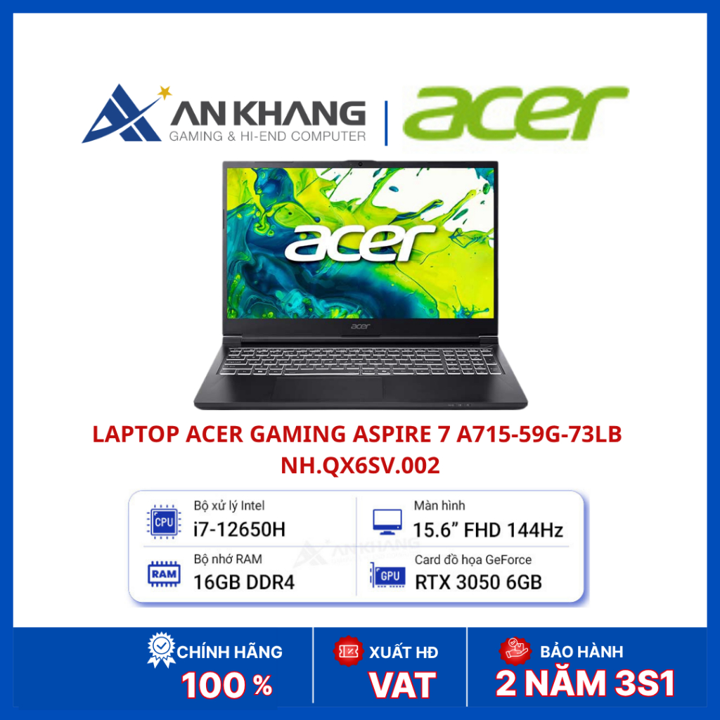 Laptop Gaming Acer Aspire 7 A715-59G-73LB NH.QX6SV.002 | Core i7-12650H | RTX 3050 | RAM 16GB | SSD 
