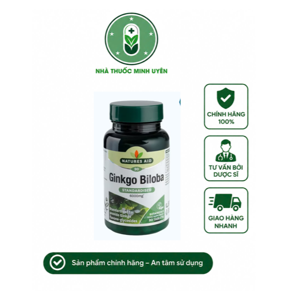 Natures Aid,Ginkgo Biloba 6000mg, Ginkgo Biloba, Hỗ Trợ Tăng Cường Tuần Hoàn Máu.(Lọ 90 viên) - Nhập