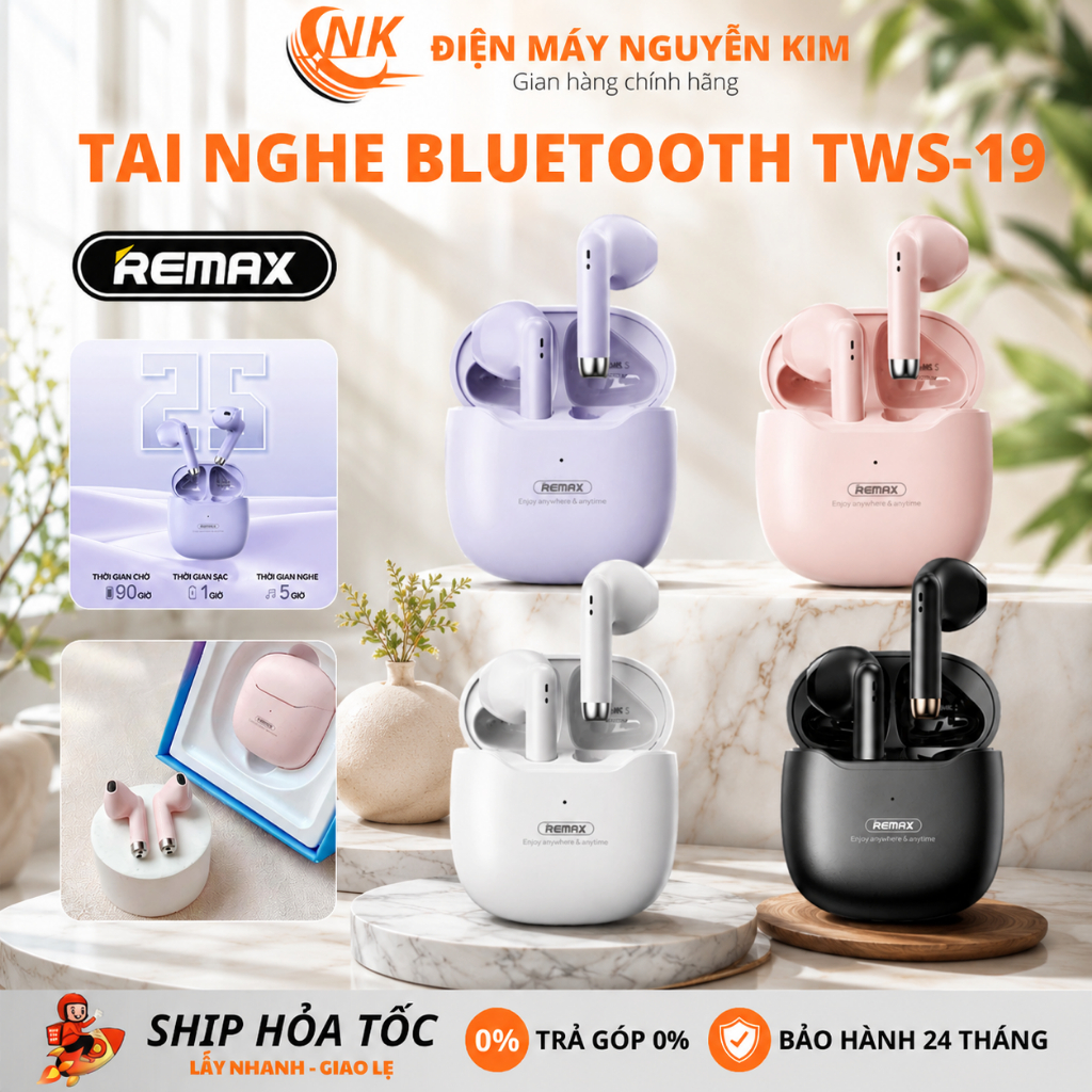 Tai Nghe Bluetooth Nhét Tai Remax TWS-19 Có Mic Đàm Thoại, Điều Khiển Cảm Ứng, Âm Thanh Hay