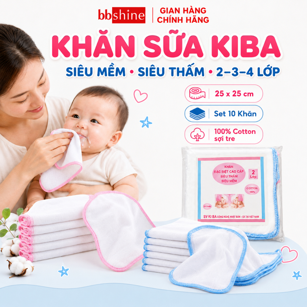 Khăn Sữa Cho Bé Kiba Chuyên Dụng Tiện Lợi Siêu Mềm Siêu Thấm Cho Bé (Set 10 Khăn) BBShine – KH005