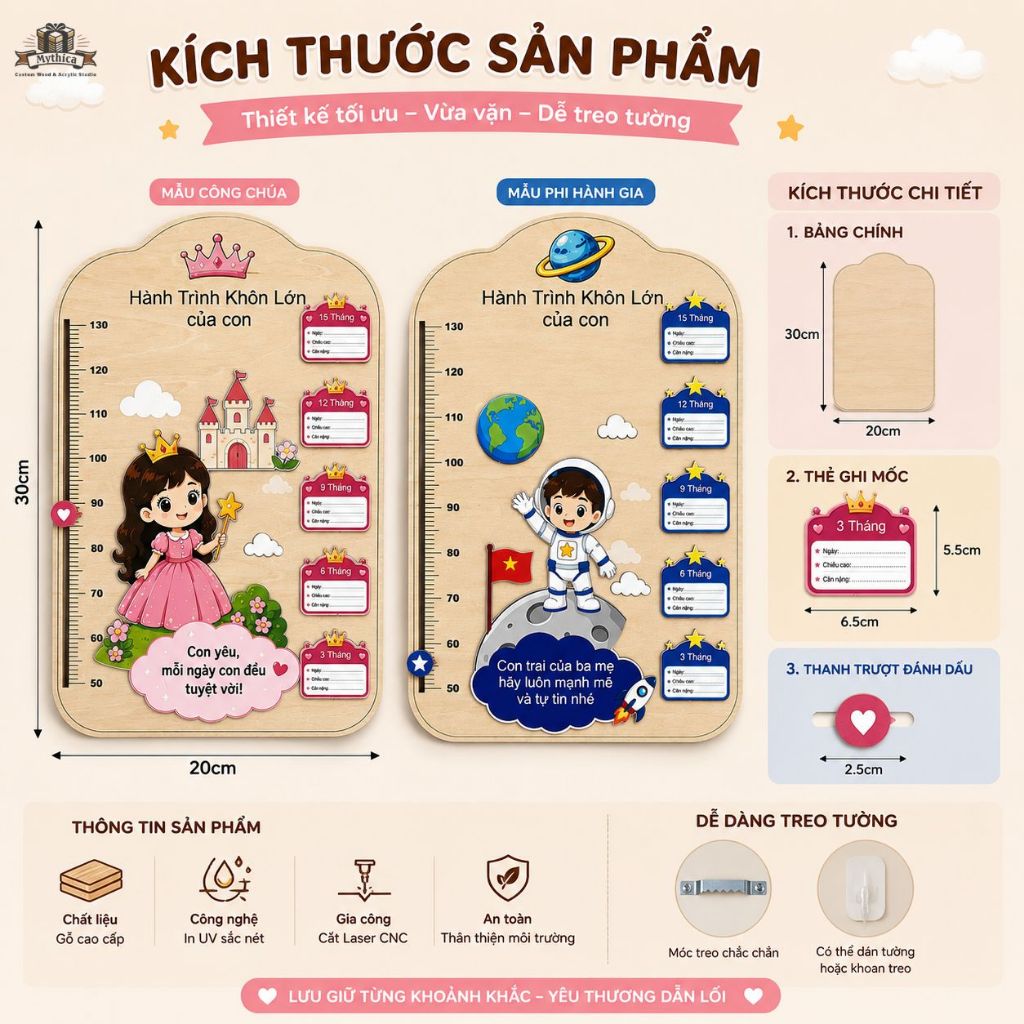 Bảng Đo Chiều Cao Cho Bé Treo Tường Gỗ Công Chúa Phi Hành Gia — ảnh listing minh họa