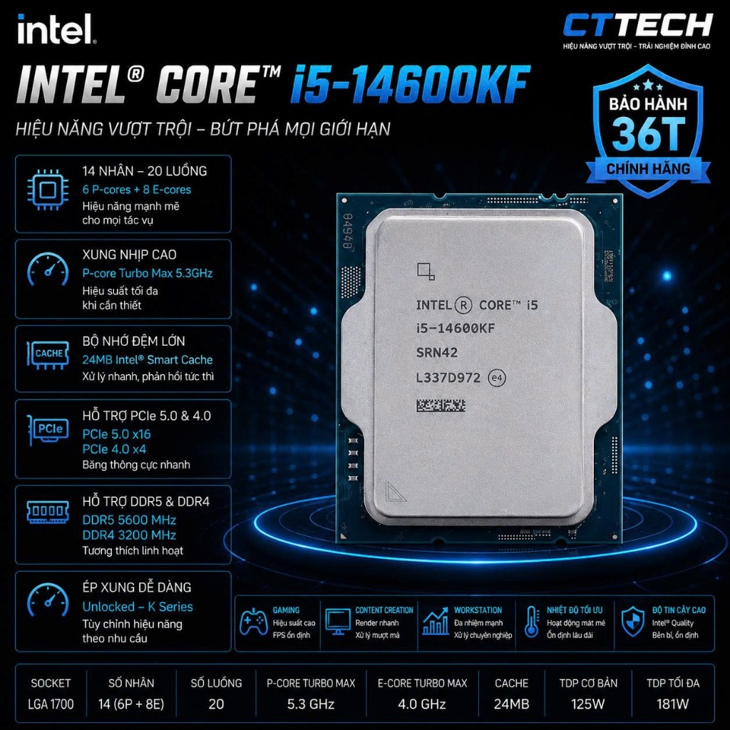 CPU Intel Core I5 14600KF TRAY New Bảo Hành 36 Tháng