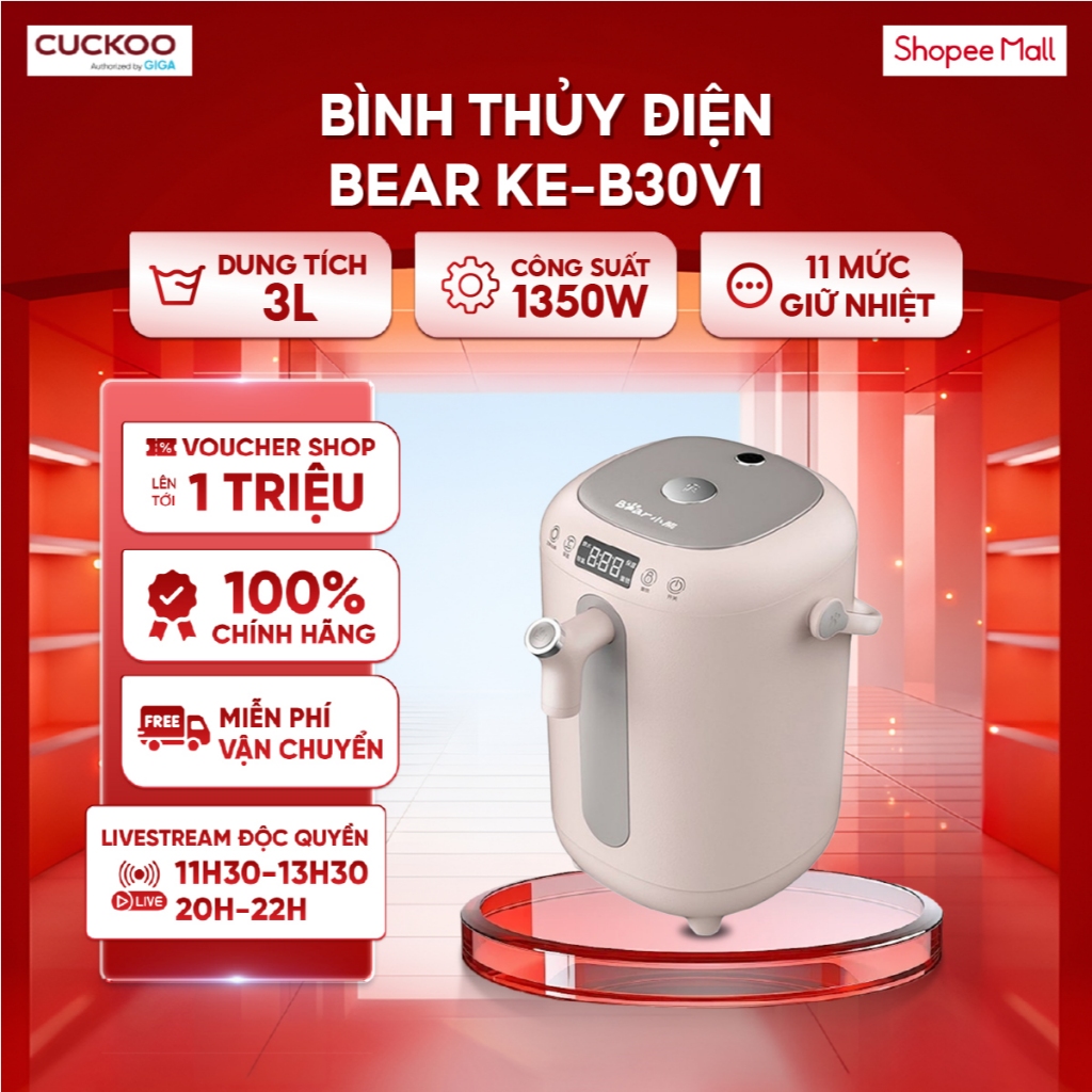 Bình thủy điện thông minh Bear KE-B30V1 - Khử clo - 11 mức giữ nhiệt