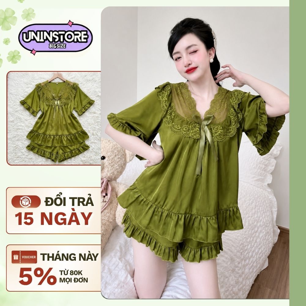 Đồ Ngủ Nữ Bigsize 45-90Kg Lụa Latin Mềm Mát - Bộ Pijama Quần Đùi Tiểu Thư Phối Ren Tay Loe- PJ013