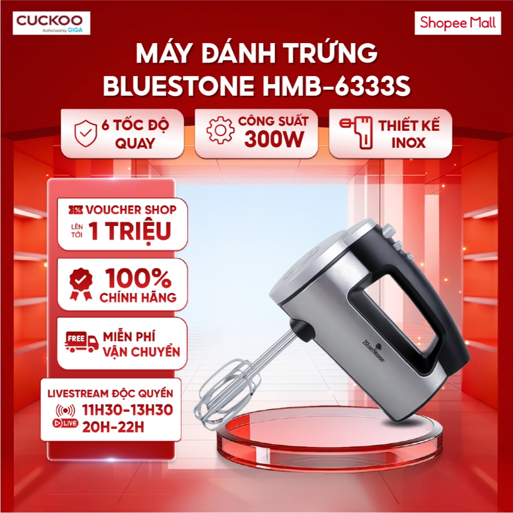 Máy đánh trứng BlueStone HMB-6333S 300W - 6 tốc độ quay, 3 chức năng đánh trứng, đánh kem và đánh bộ