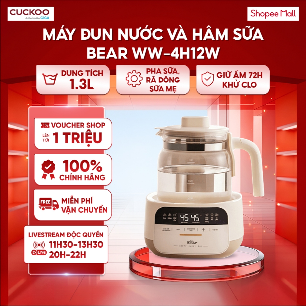 Máy đun nước và hâm sữa Bear WW-4H12W - Dung Tích 1.3L - Pha sữa, rã đông sữa mẹ - Giữ ấm 72h - Khử 