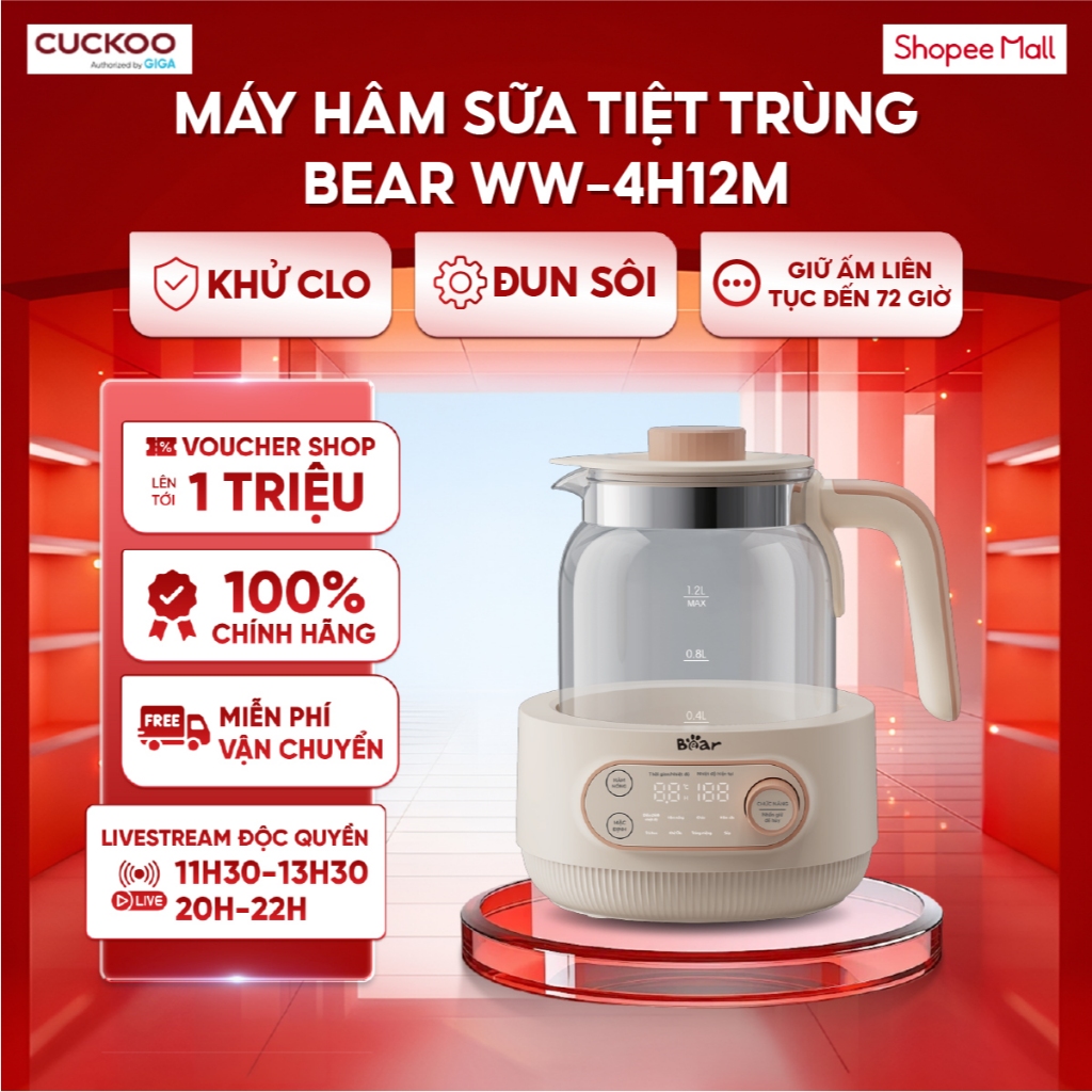 Máy hâm sữa tiệt trùng Bear WW-4H12M - Đun sôi – Khử Clo – Giữ ấm liên tục đến 72 giờ