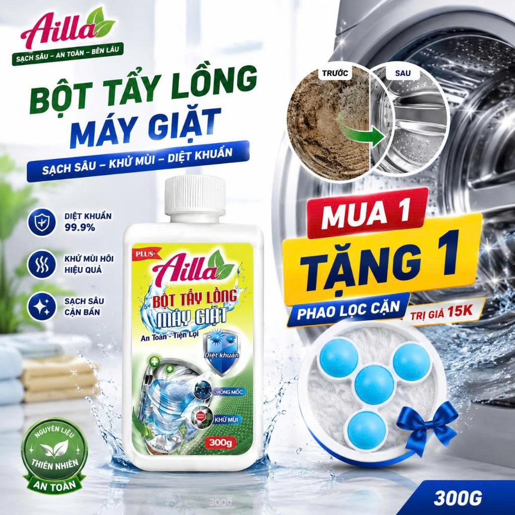 Bột Tẩy Lồng Máy Giặt Ailla Chai 300GR, Loại Bỏ Nhanh Chóng Các Cặn Bẩn, Nấm Mốc