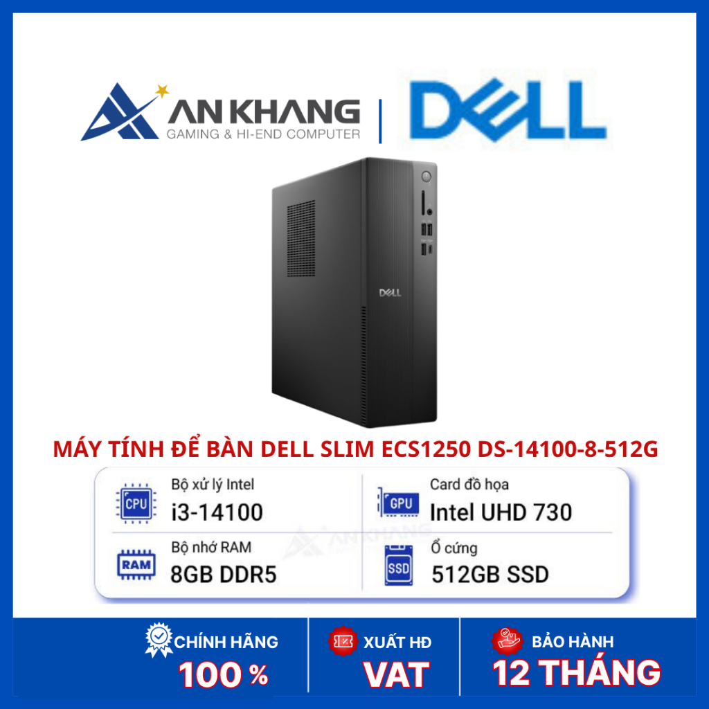 Máy tính để bàn Dell Slim ECS1250 DS-14100-8-512G | Core i3-14100 | RAM 8GB DDR5 | SSD 512GB | Win11