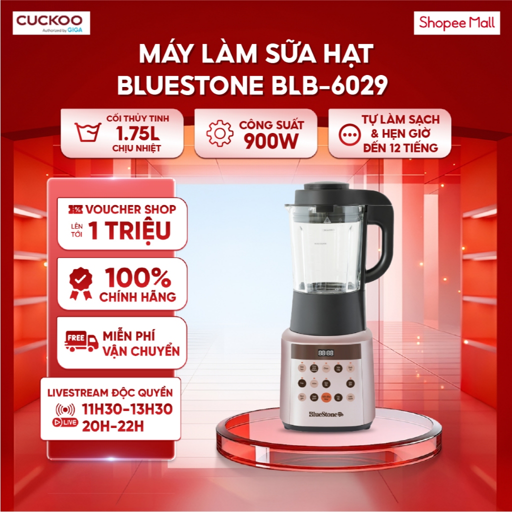 Máy làm sữa hạt đa năng BlueStone BLB-6029 900W - Cối thủy tinh 1.75L chịu nhiệt - Tự làm sạch & hẹn