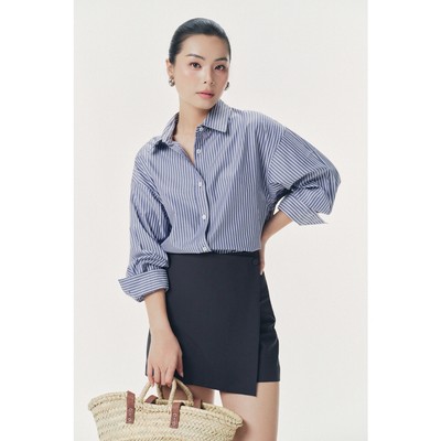 Áo sơ mi Basic Oversized Shirt MONO TALK (kẻ sọc navy đậm) vải poplin hạn chế nhăn T10001FT