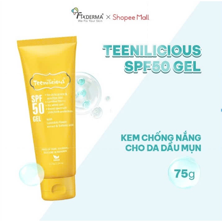 Kem Chống Nắng Teenilicious SPF 50 PA+++ Gel Mỏng Nhẹ Dành Cho Da Dầu Mụn Và Nhạy Cảm 75g
