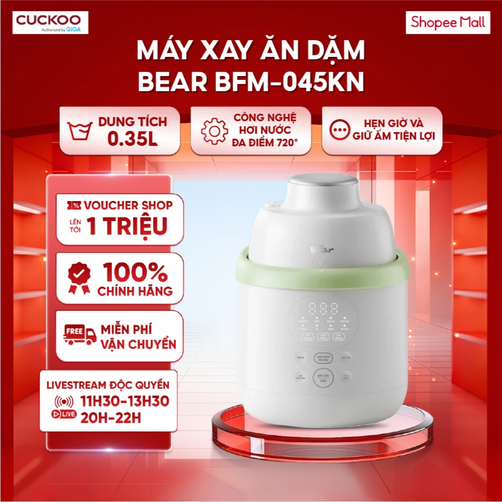 Máy xay ăn dặm 0.35 lít Bear BFM-045KN (Bản Quốc Tế) -Công nghệ hơi nước đa điểm 720° -  Hẹn giờ và 