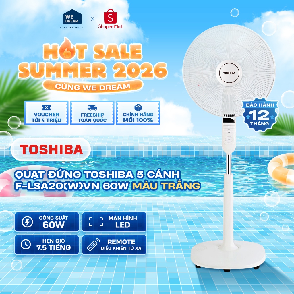 F-LSA20(W)VN - Quạt Đứng Toshiba 5 Cánh F-LSA20(W)VN 60W - Hàng Chính Hãng, Mới 100%