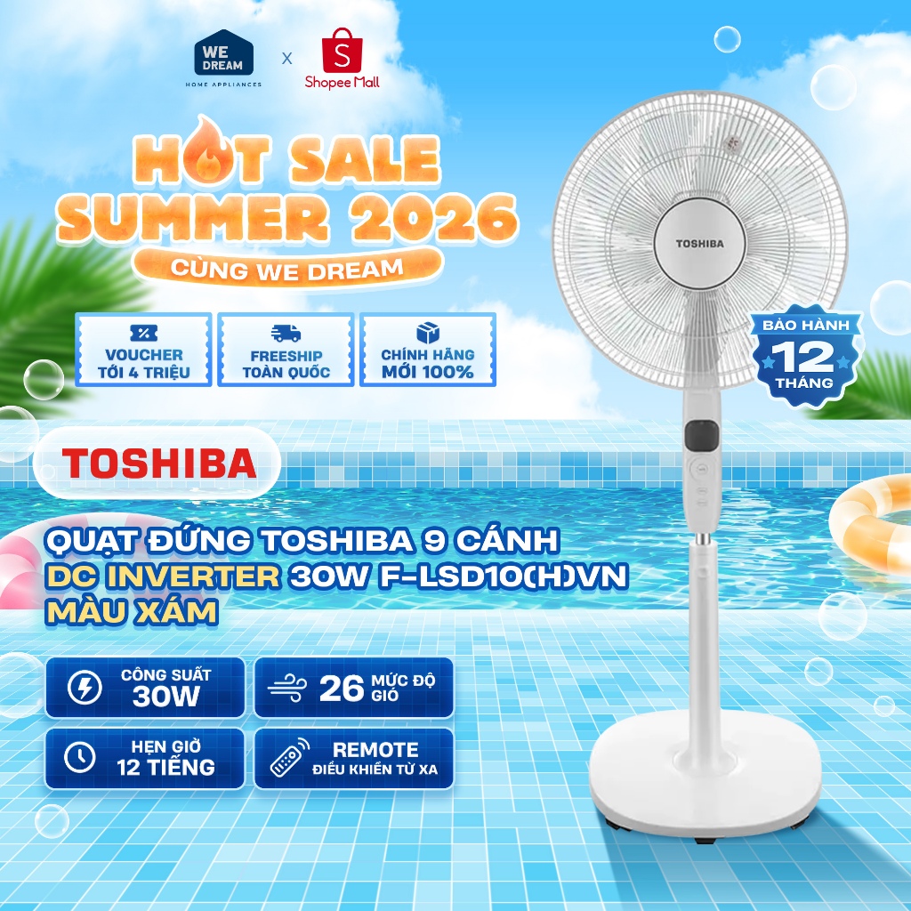 F-LSD10(H)VN - Quạt Đứng Toshiba 30W F-LSD10(H)VN Có Remote Màu Xám, Màn Hình Led - Hàng Chính Hãng,