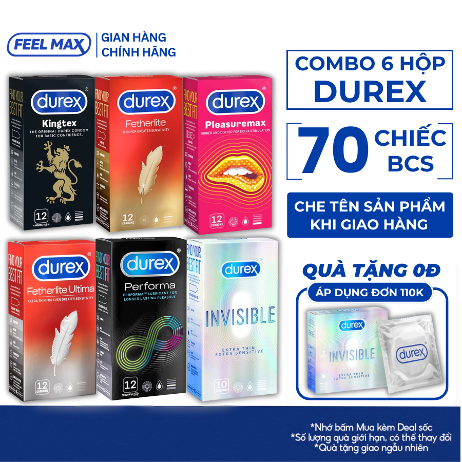 Combo 6 Hộp 70 Chiếc Bao Cao Su Durex Siêu Mỏng, Nhiều Gel, Invisible, Performa, Kingtex Chính Hãng 