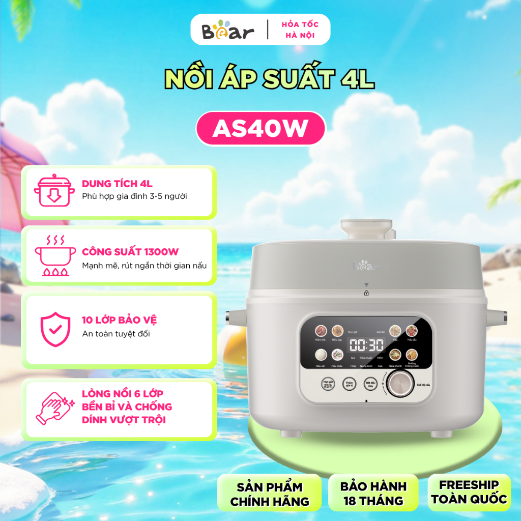 [HN-Hỏa Tốc] Nồi Áp Suất Điện BEAR 4L Đa Năng Nấu Cơm Hầm Ninh Hẹn Giờ SB-AS40W