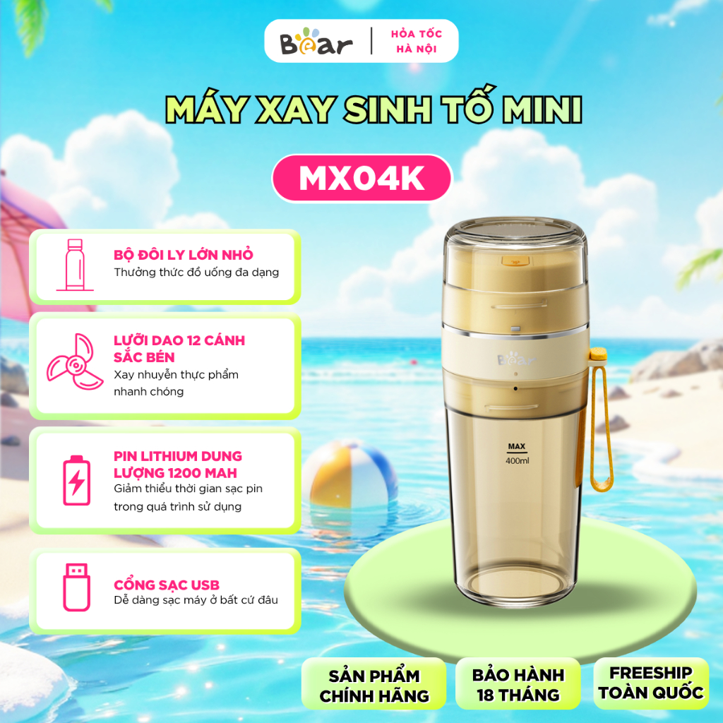 [HN-Hỏa Tốc] Máy Xay Sinh Tố Cầm Tay BEAR 400ml Xay Rau Củ Quả Tích Điện SB-MX04K