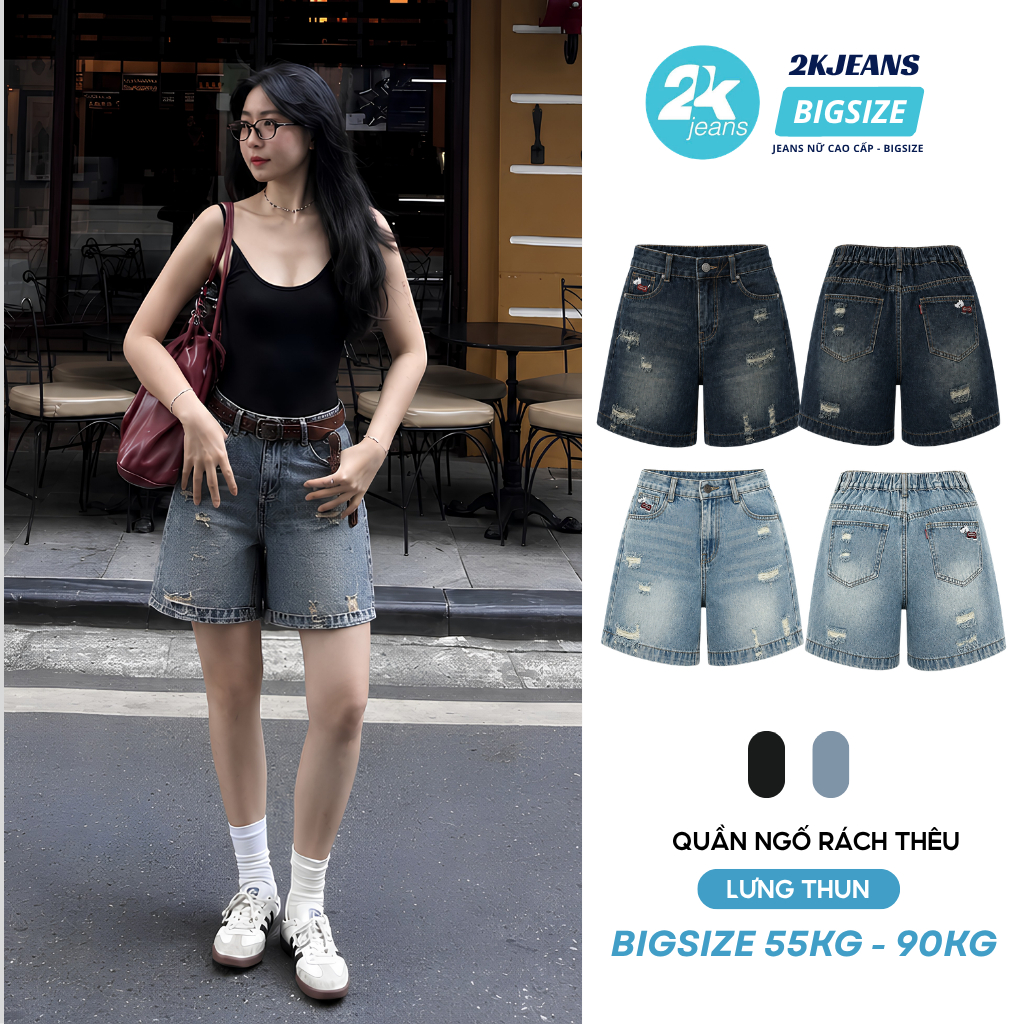 Quần Ngố Jean Nữ Rách Thêu Cạp Chun Lưng Cao Form Rộng Big Size 55-90Kg QC71 2KJeans