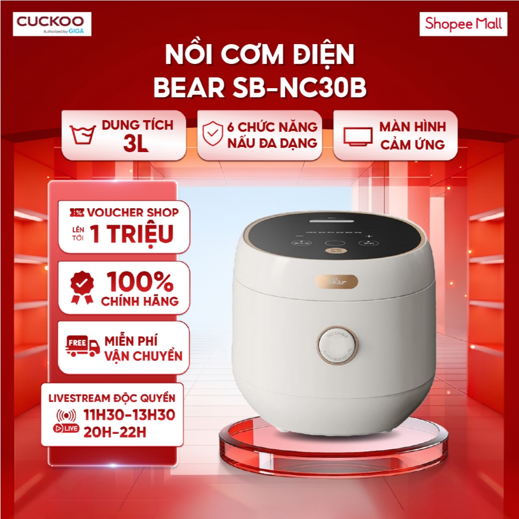 Nồi cơm điện 3L Bear SB-NC30B - Trang bị 6 chức năng nấu đa dạng - Màn hình cảm ứng, điều khiển dễ d