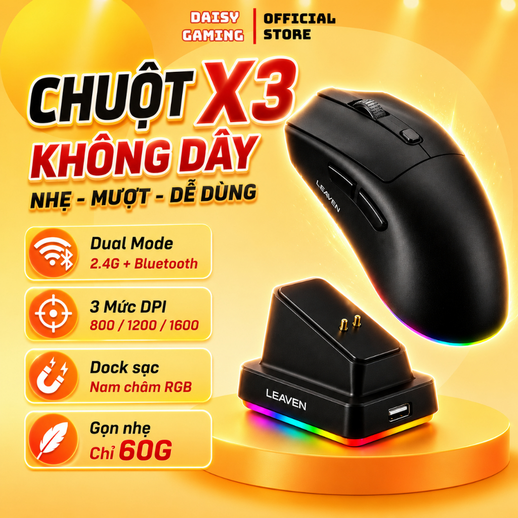 Chuột Bluetooth X3 Leaven DAISY Chip PRO- Không dây- Có Dock Sạc- LED Rgb-1600 DPI Siêu nhẹ-BH12T