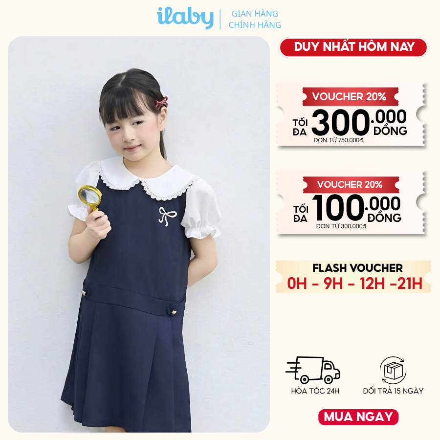 Váy đi học cho bé gái ILABY HCM thiết kế cổ sen tay bồng thêu nơ thanh lịch [3223]