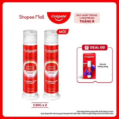 [LS] Bộ 2 kem đánh răng Colgate vòi nhấn thông minh Optic White Radiant Glow trắng răng, khóa chân không 130g/ống