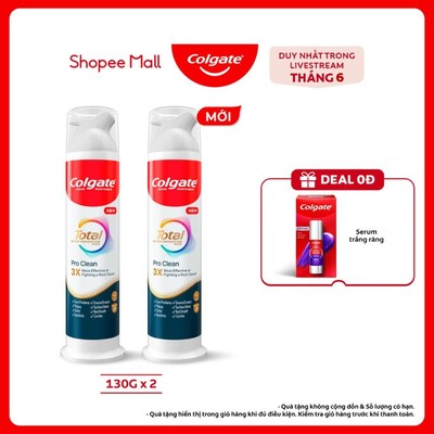 [LS] Bộ 2 kem đánh răng Colgate vòi nhấn thông minh Total Pro Clean, khóa chân không hạn chế tiếp xúc vi khuẩn 130g/ống