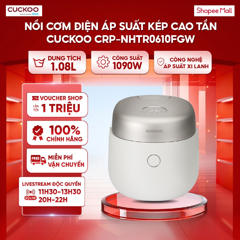 Nồi cơm điện áp suất kép cao tần Cuckoo 1.08L CRP-NHTR0610FGW - Công nghệ áp suất xi lanh - BH 12 th