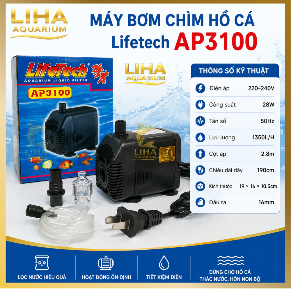Máy Bơm Lifetech AP3100 (28W-1350L/H-2.8M) - Máy Bơm Nước Bể Cá