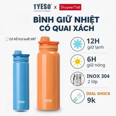 Bình nước giữ nhiệt dáng thể thao có quai xách ẩn vòi hút giữ nóng 8h giữ lạnh 24h chuẩn tyeso