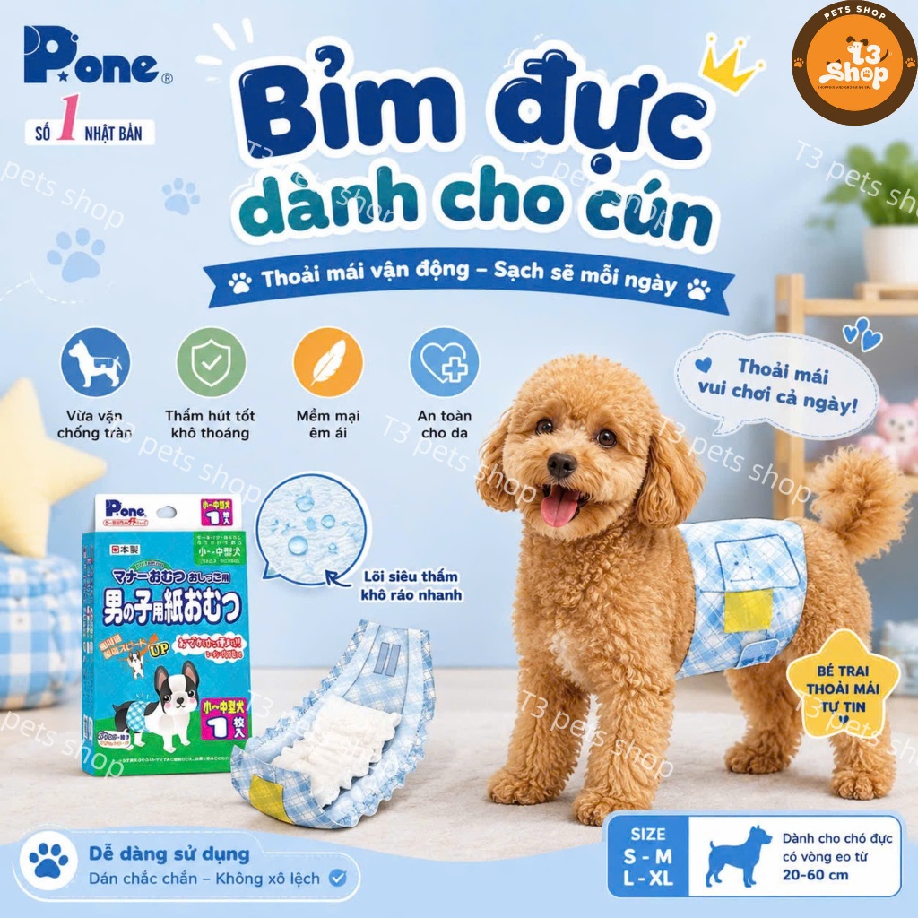 bỉm cho chó giống đực (bé trai) hãng P.one (bán lẻ từng miếng) - T3 PETS SHOP