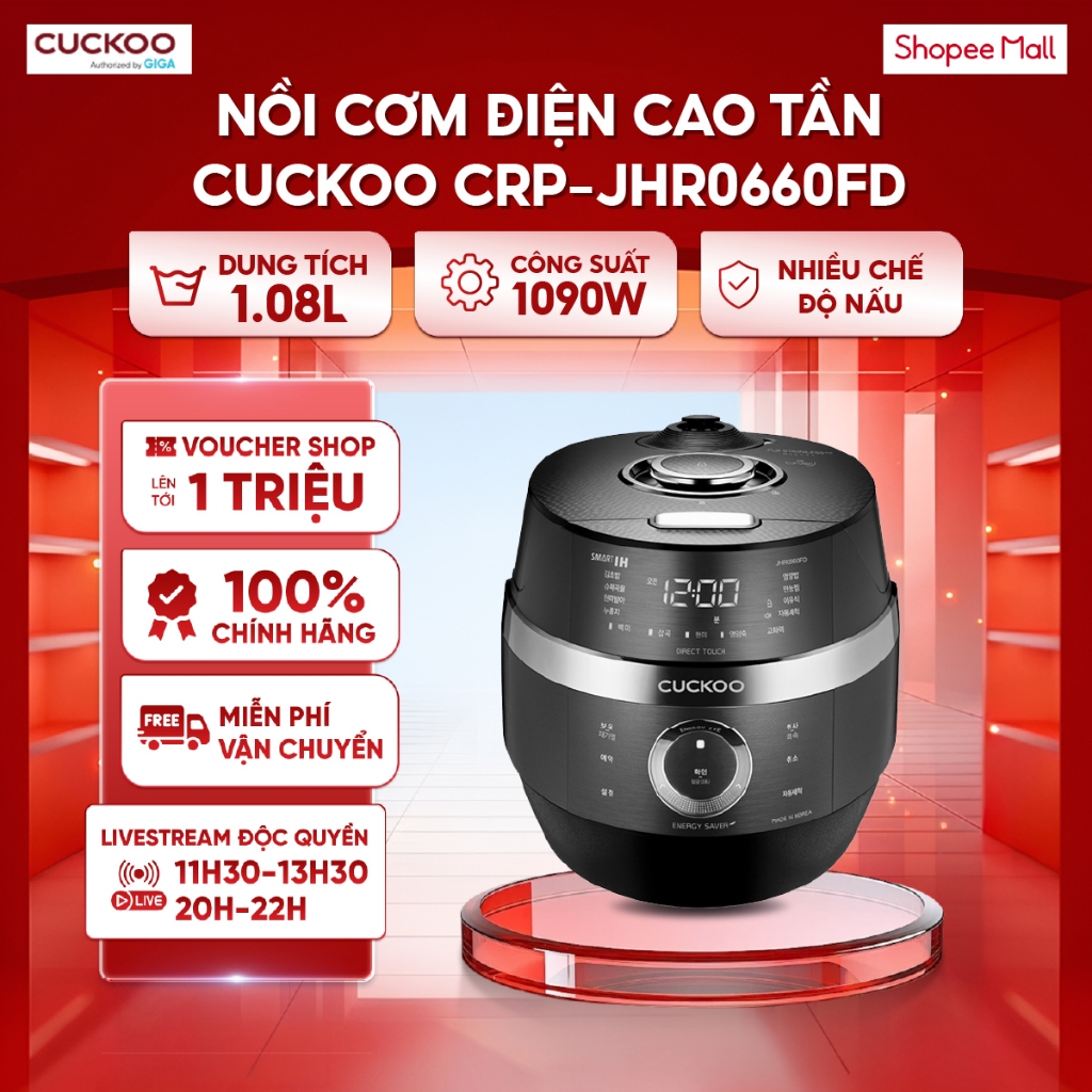 Nồi Cơm Điện Cao Tần Cuckoo CRP-JHR0660FD 1.08L Chống Dính - Tự Động Làm Sạch Nắp Tháo Rời Nhiều Chế