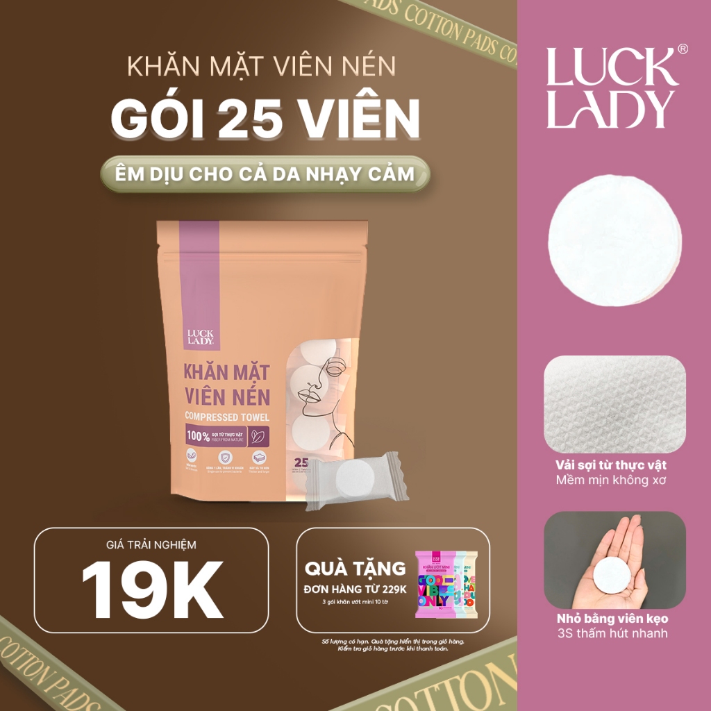 Khăn Nén Cao Cấp Luck Lady Nhỏ Gọn- Mang Đi Du Lịch, Công Tác Tiện Lợi - Gói 10, 25 Viên