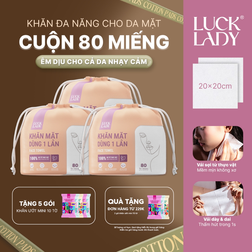 [MUA 3 TẶNG 5] MUA 3 túi khăn giấy, khăn mặt dùng một lần Luck Lady 80 tờ TẶNG 5 gói khăn ướt Luck L