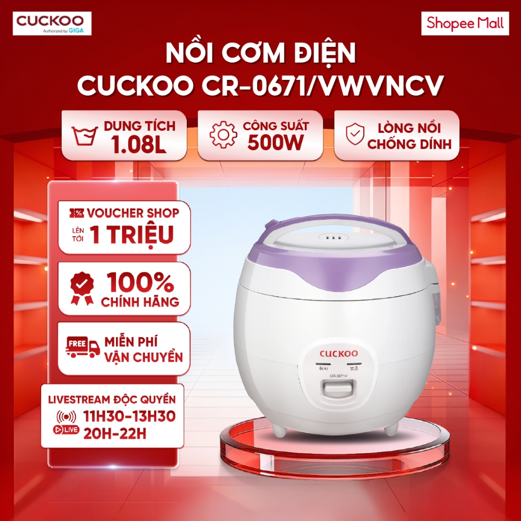 Nồi cơm điện Cuckoo 1.08 lít CR-0671/VWVNCV - Nhỏ gọn - Lòng nồi chống dính - dễ dàng vệ sinh - Bh 1