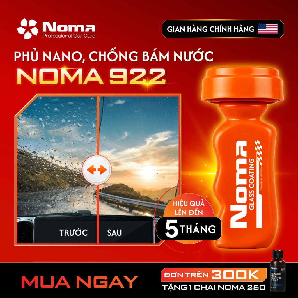 Dung dịch phủ Nano chống bám nước NOMA 922 dùng cho kính xe - Chống bám bẩn, giảm lóa khi mưa