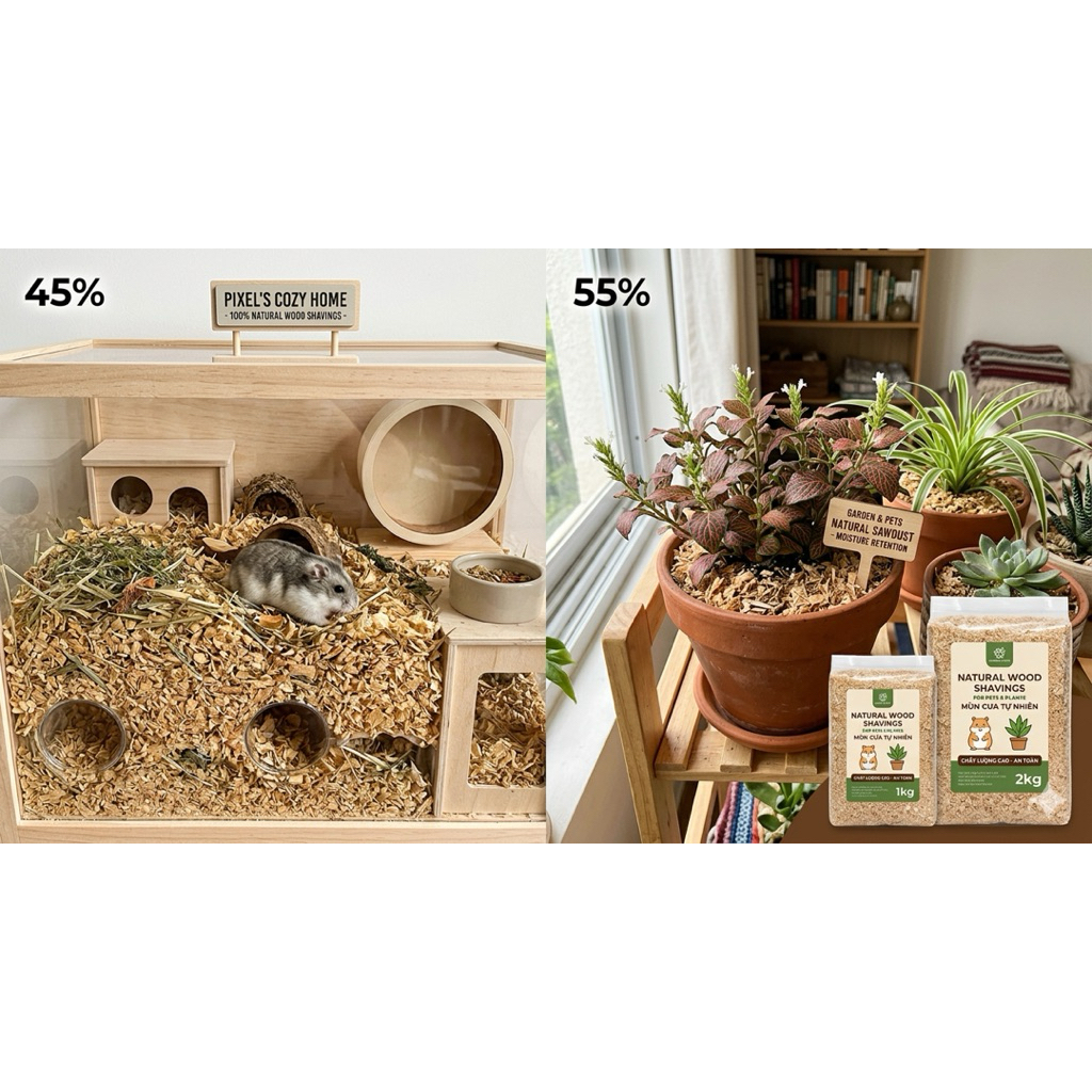 Mùn Cưa Gỗ Đa Năng 1kg/2kg - Lót Chuồng Hamster, Trộn Đất Trồng Cây, Hút Ẩm Khử Mùi Tự Nhiên