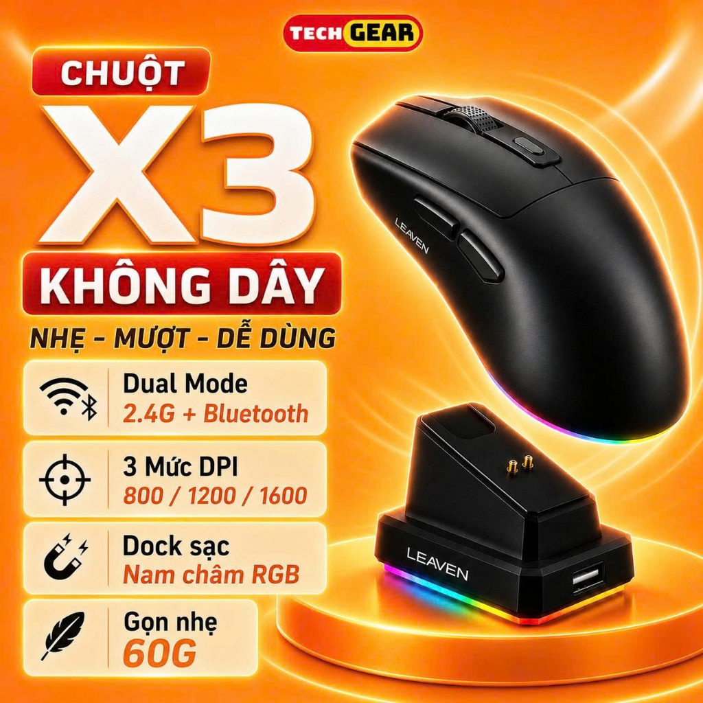 Chuột không dây - Chuột Bluetooth X3 Leaven Chip PRO-Chuột Blue Có Dock Sạc-1600 DPI Siêu nhẹ-BH12T