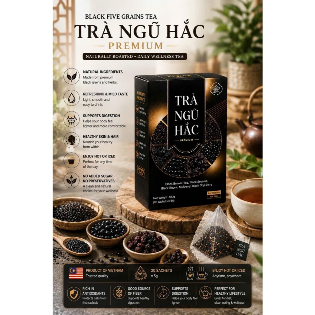 Moc Tam Premium Black Five Herbal Tea 20 Bags – Black Rice Black Sesame Black Bean Goji Berry Natura